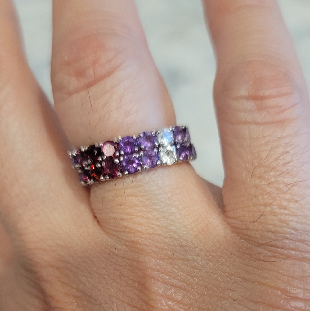 SET OF 2 14k Solid White Gold Full  Eternity Band Rings Amethyst Garnet 6 & 6.5